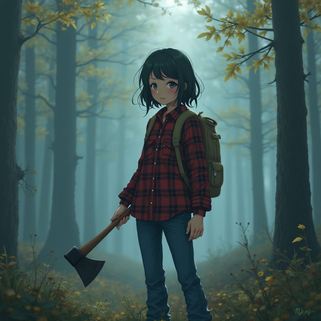 Woman with Axe in Misty Forest, Anime Style