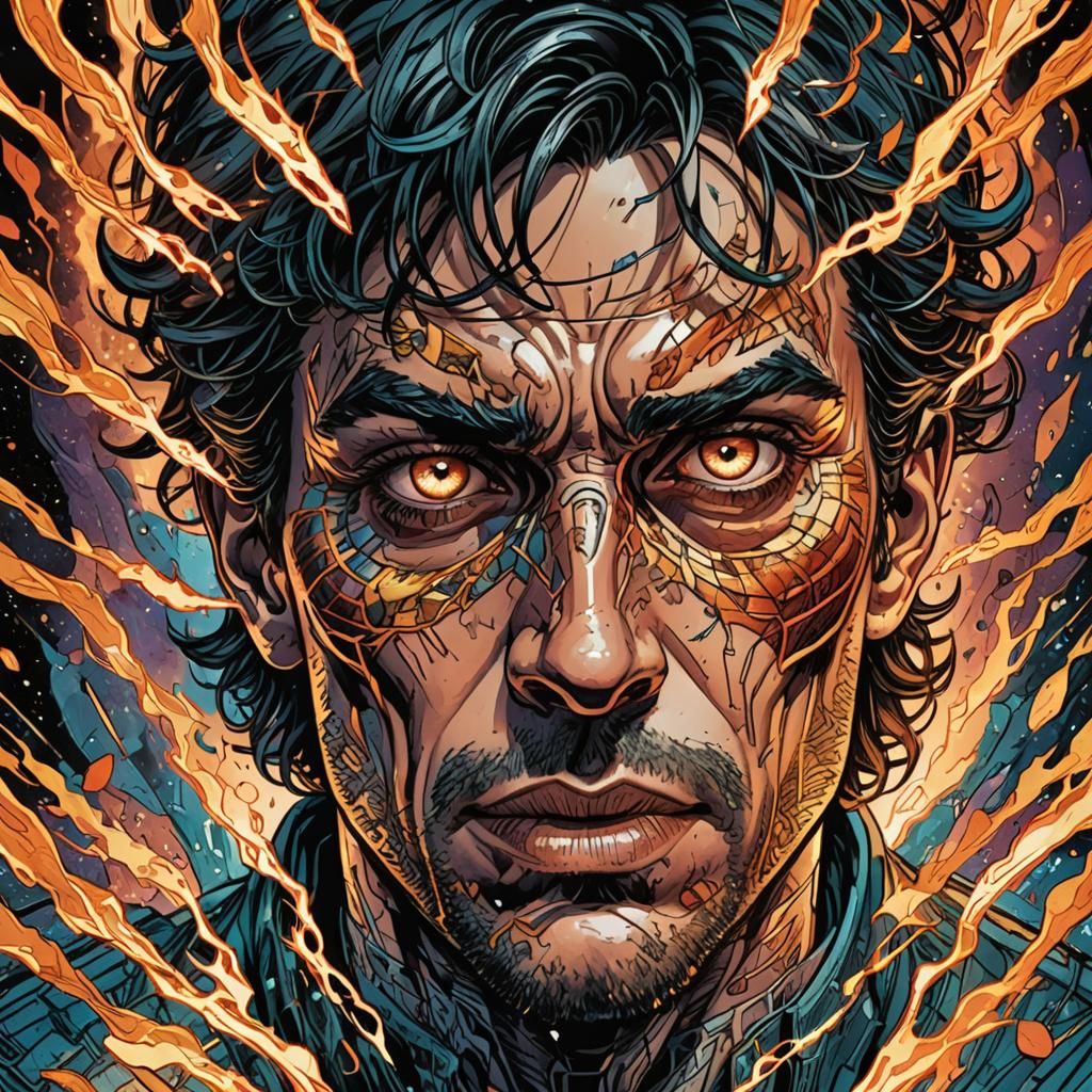 Pop Art Comic Portrait with Myriad Glowing Heads