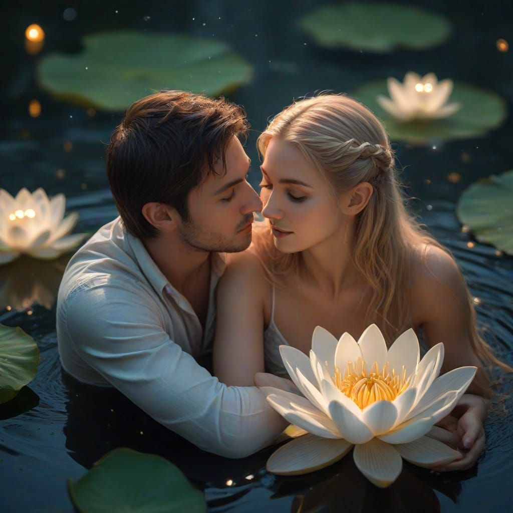 Elven Couple Embraces on Ethereal Floating Lotus