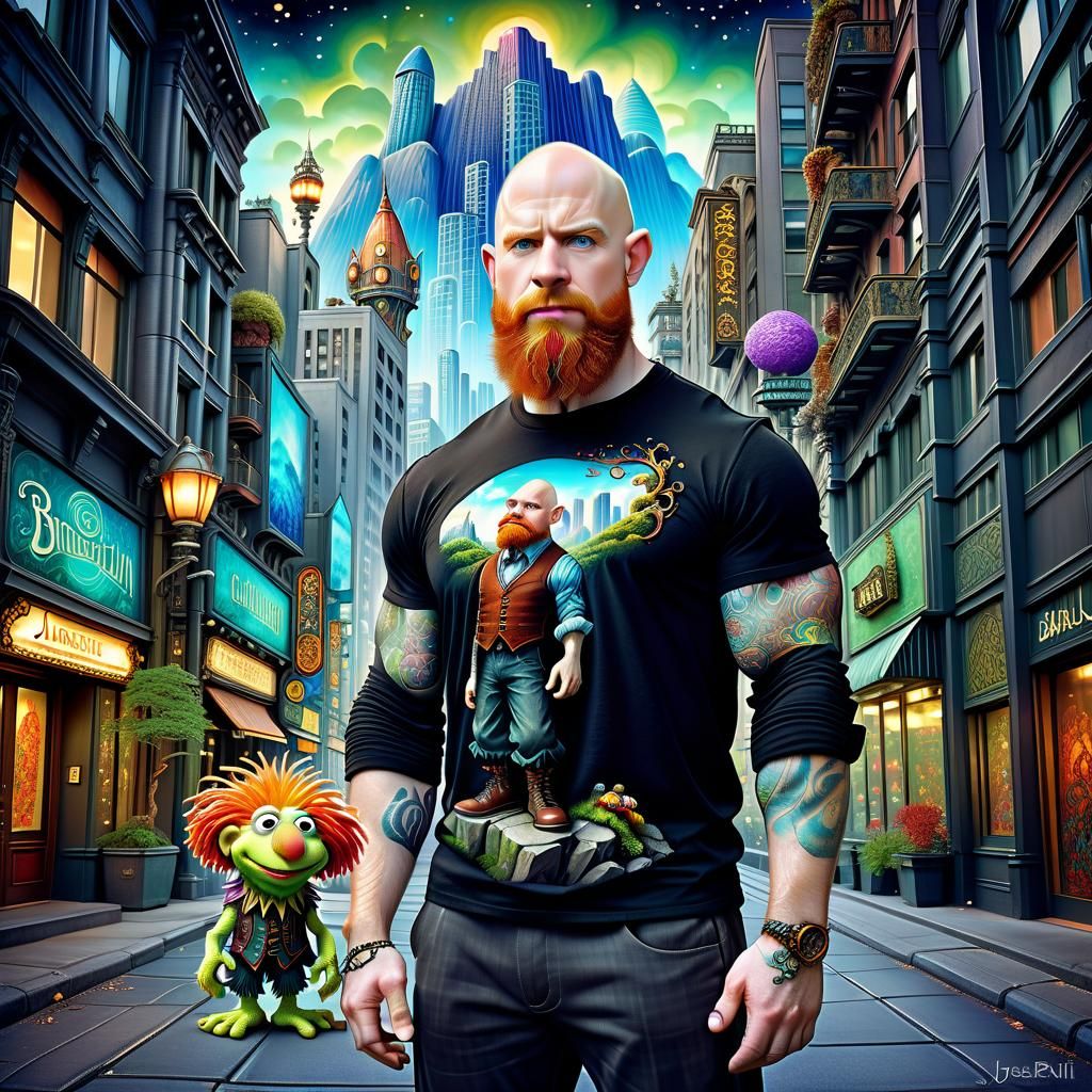 Handsome bald man in a Fraggle world