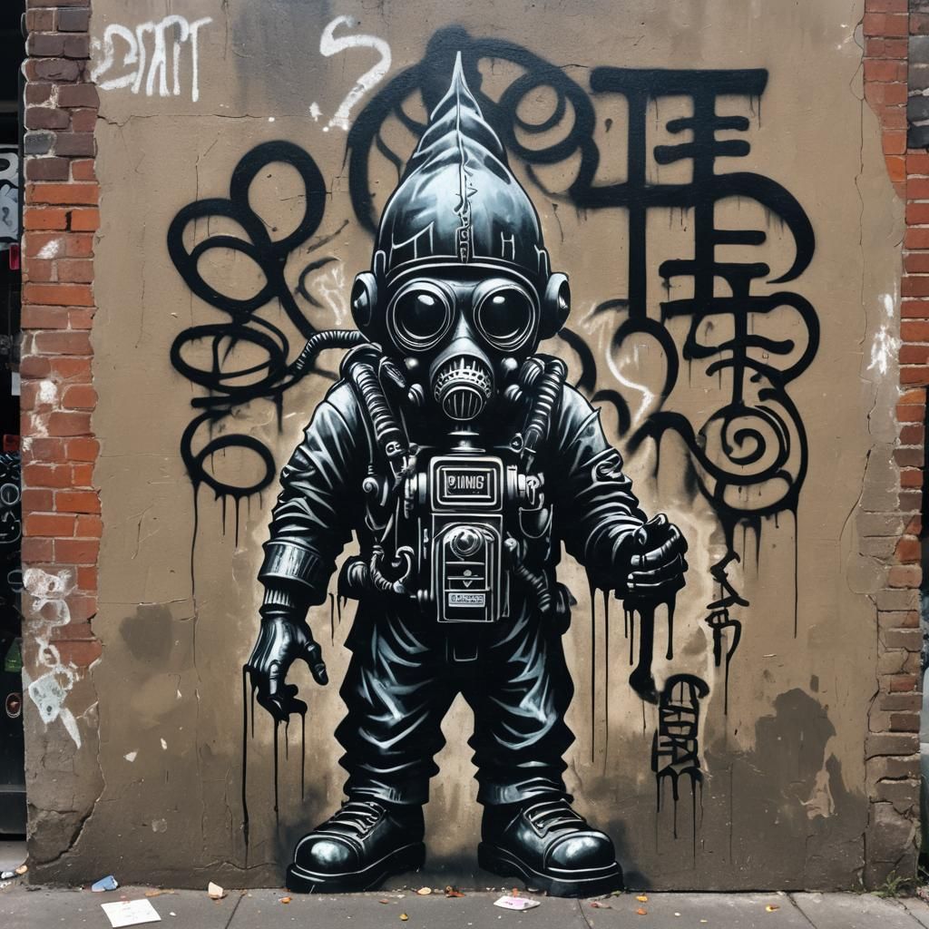 Giger-Style DMT Gnome with Gas Mask Street Art