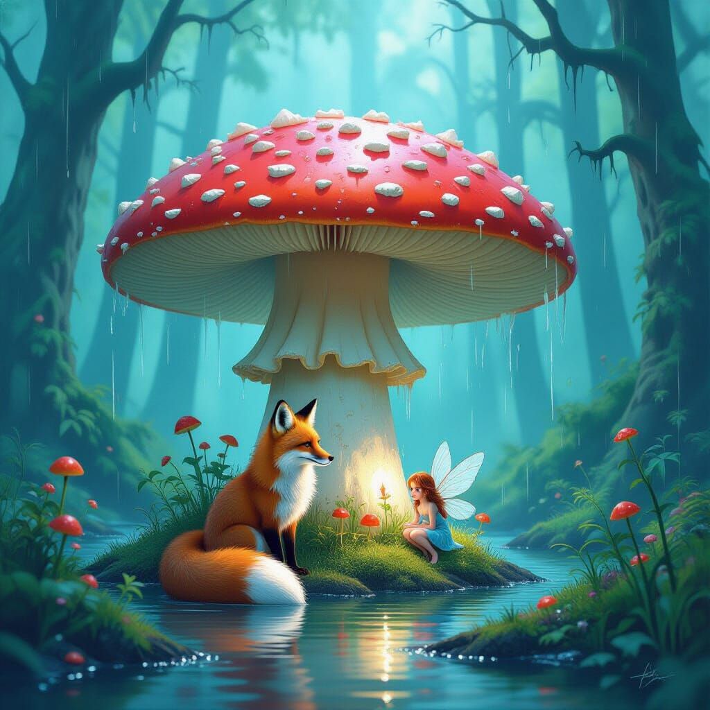 Fox and Fairies Sheltered by Giant Mushroom in Bioluminescen...