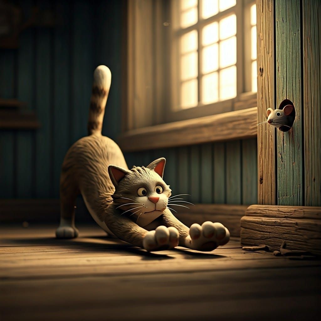 Aardman style claymation figure of a cat stretching to reach a mouse in a mouse hole