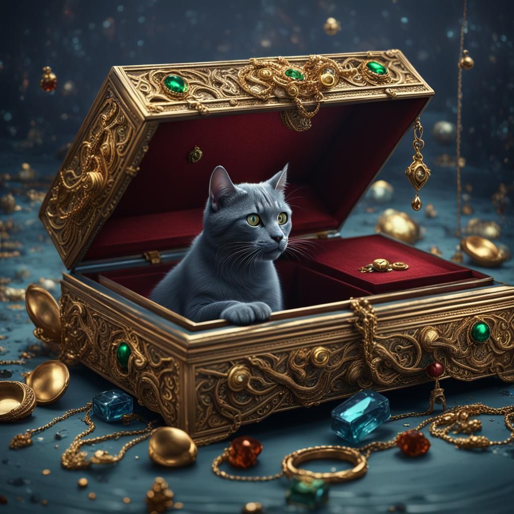 Cat in Jewellery Box: Detailed Fantasy Concept Art