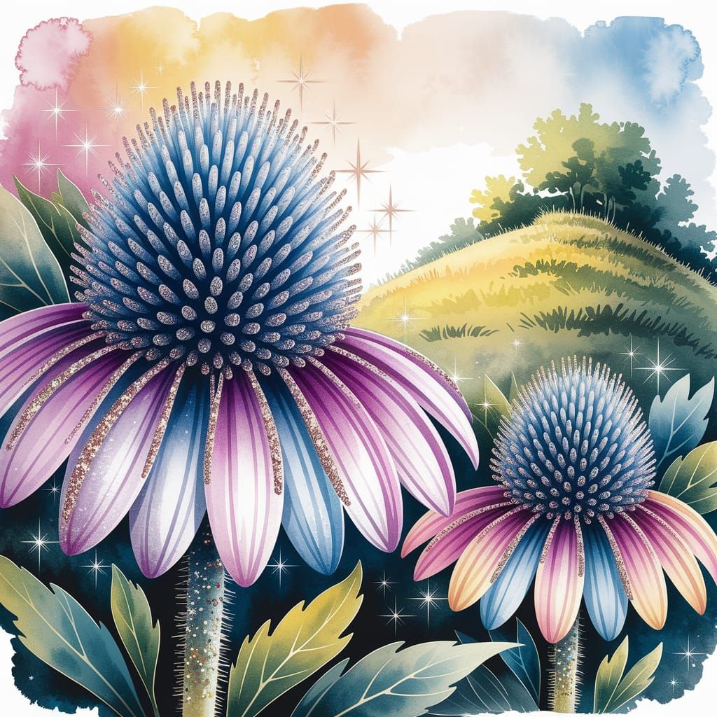 Vibrant Watercolor Coneflower Blooms in Vintage Style