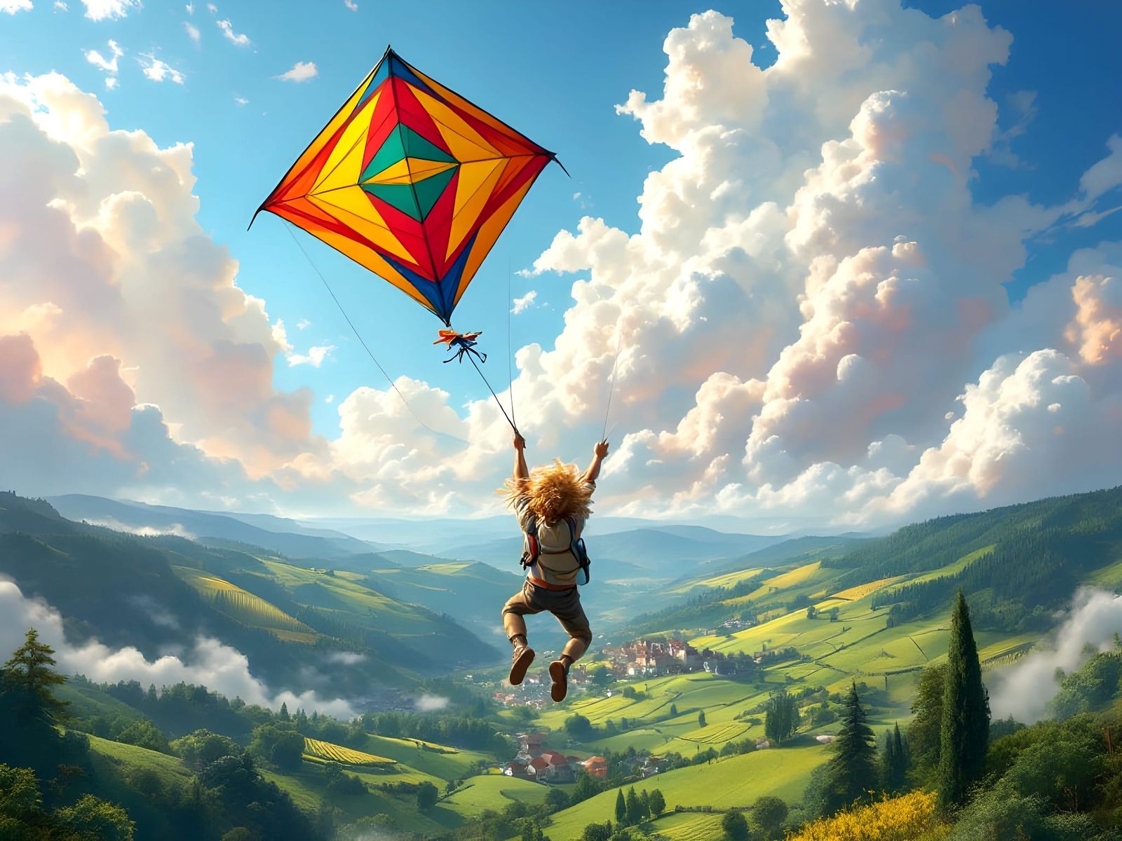 Boy Flying Kite in Epic Landscape