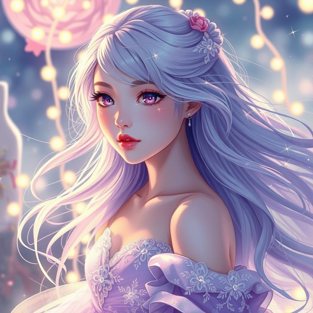 Anime Style Woman in Lavender Dress with Silver Embroidery