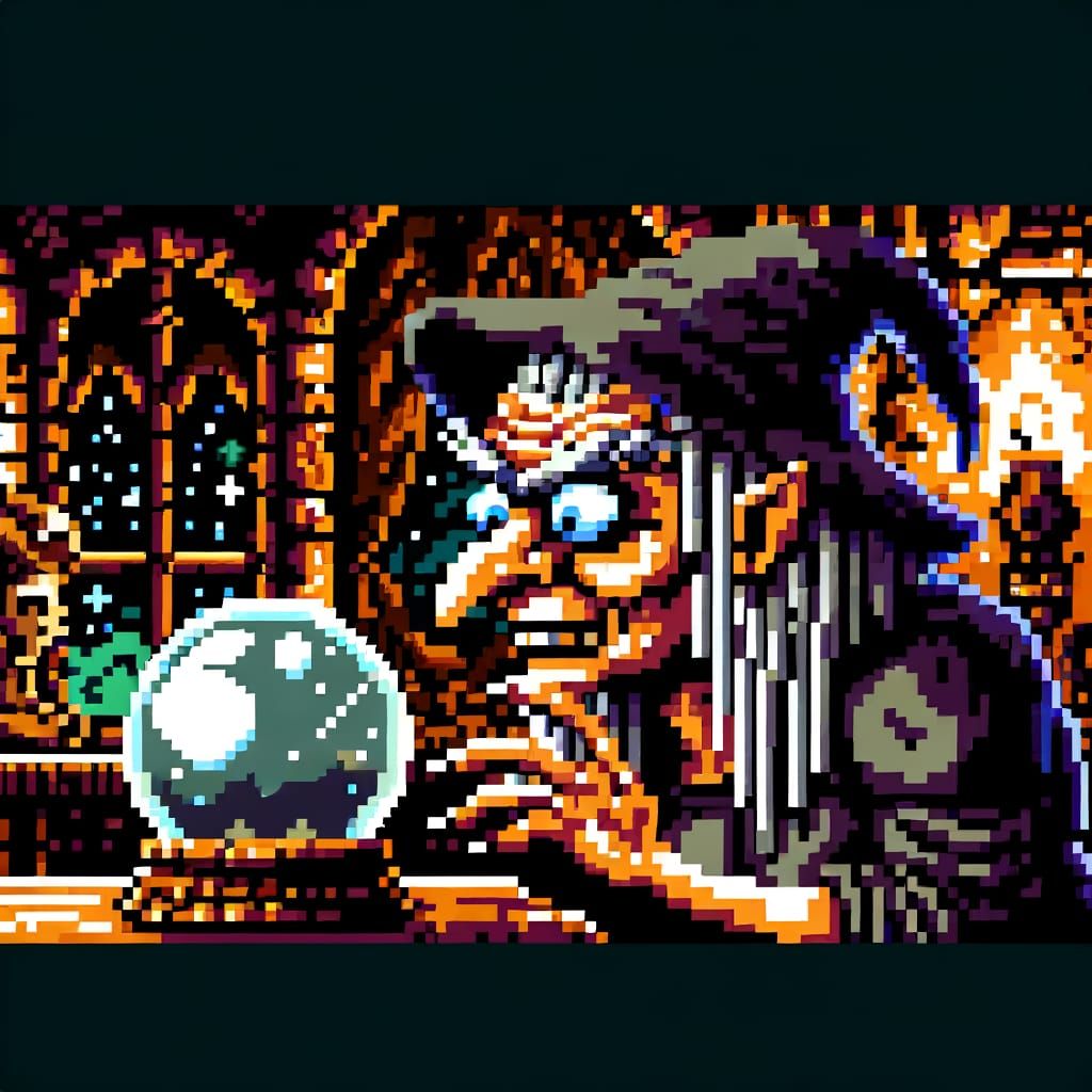 Grotesque Witch in 8-bit Pixel Art Sees Future in Crystal Gl...