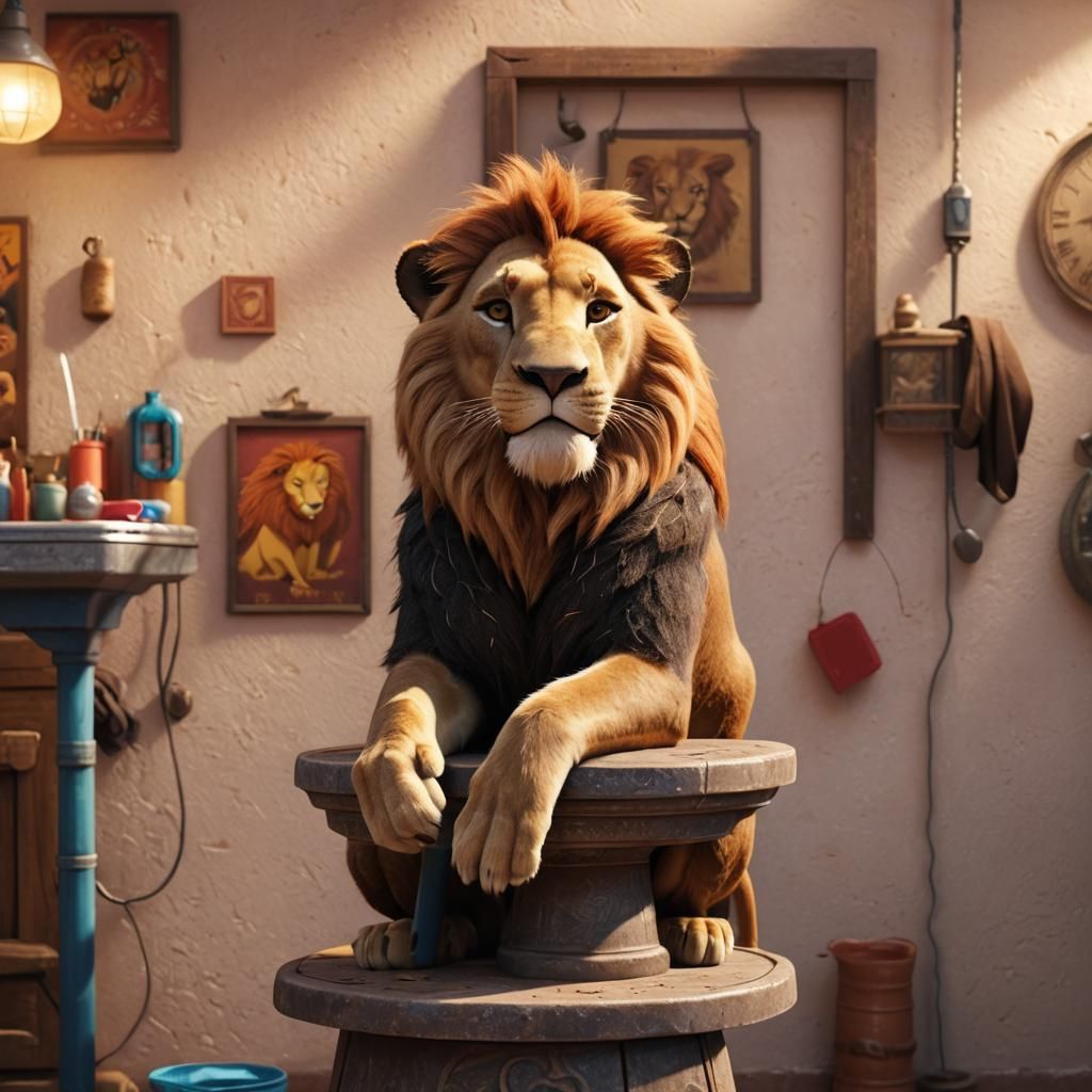Simba at the Barber Shop: Pixar-Style 3D Art