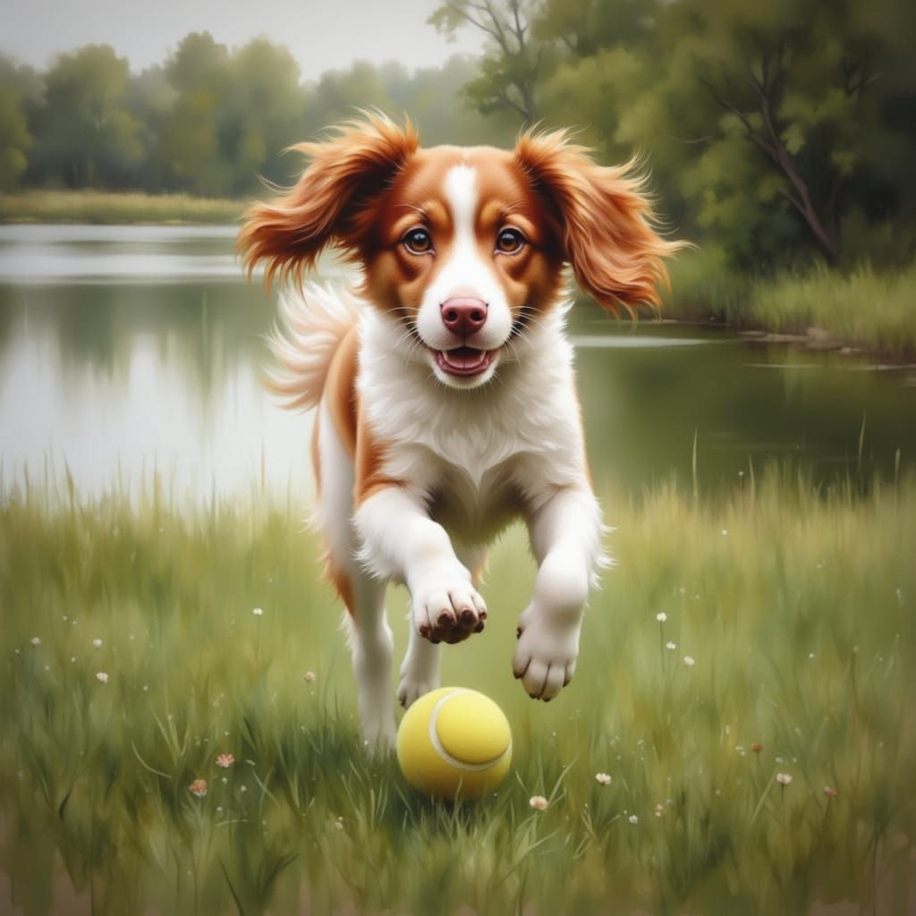 Brittany Spaniel Leaping for Ball in Oil Painting