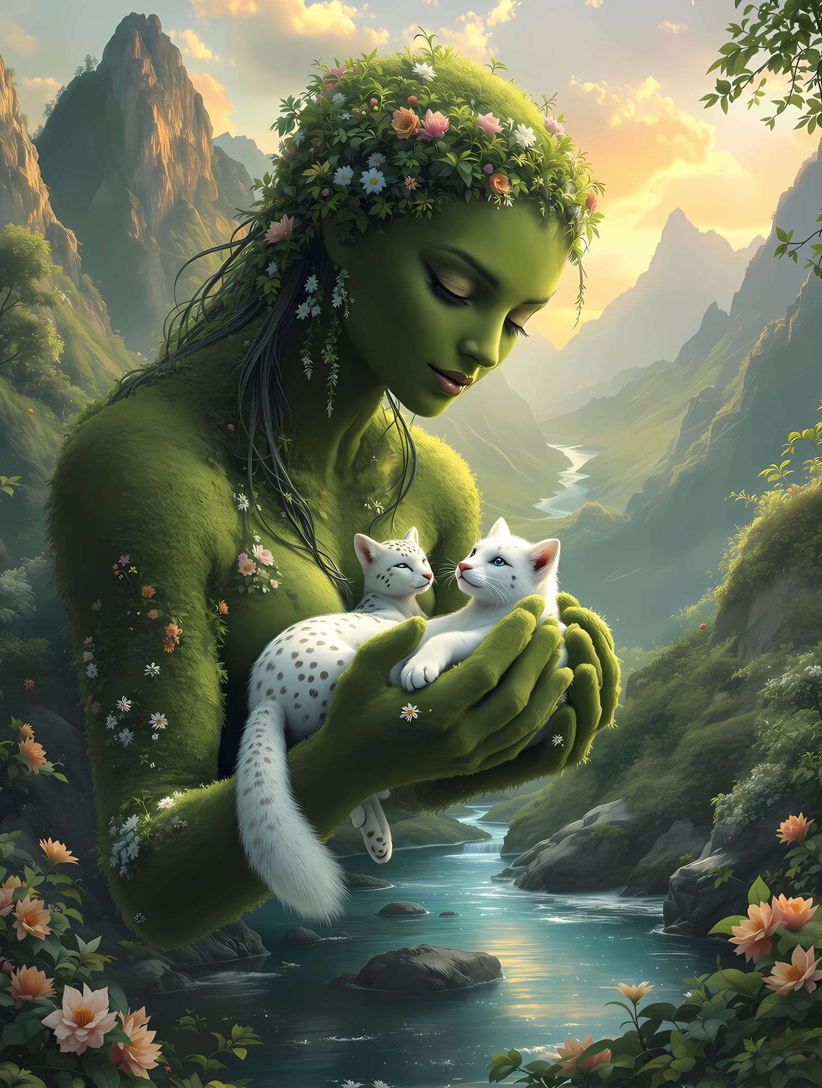 Nature Goddess with Leopard in Sunset Landscape