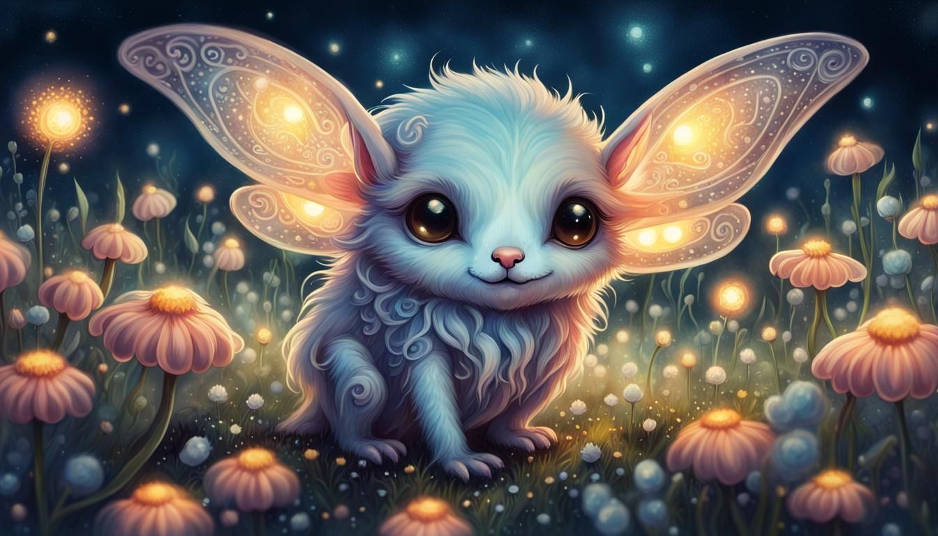 Fantasy Creature in Moonlit Flower Field Painting