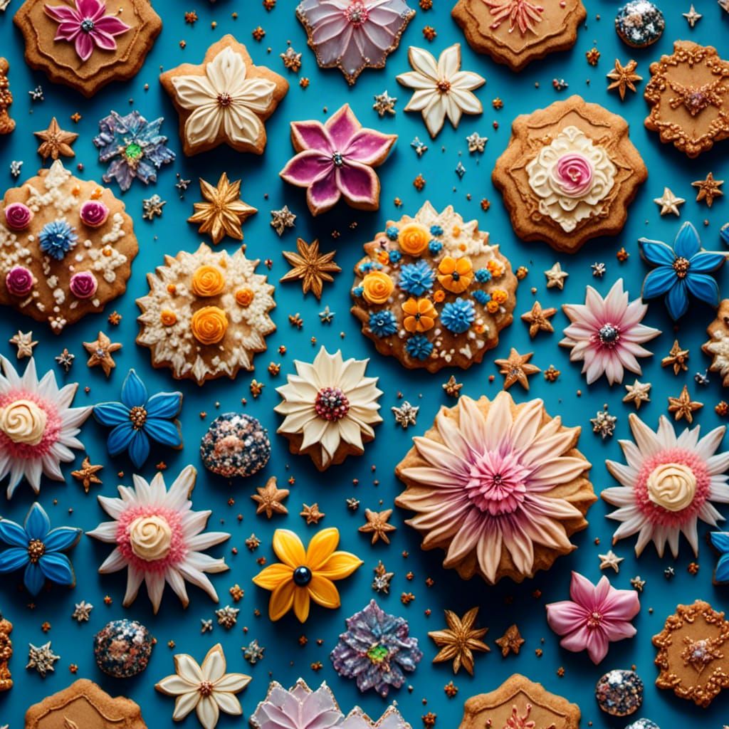 Hyperrealistic Cookies, Flowers and Crystals Still Life