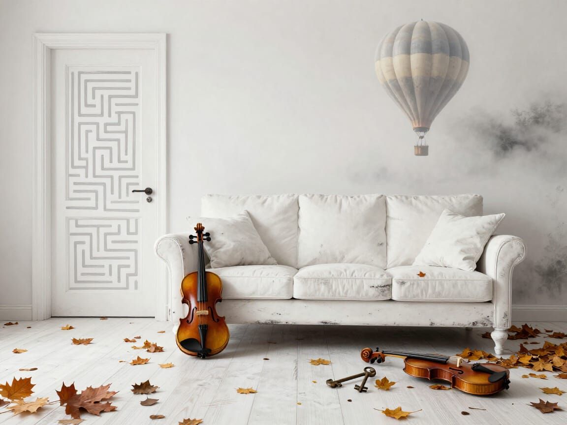 Surreal Autumn Living Room with Violin and Hot Air Balloon