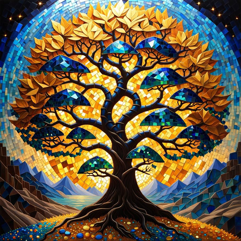Iridescent Magic Tree of Worlds in Mosaic Style