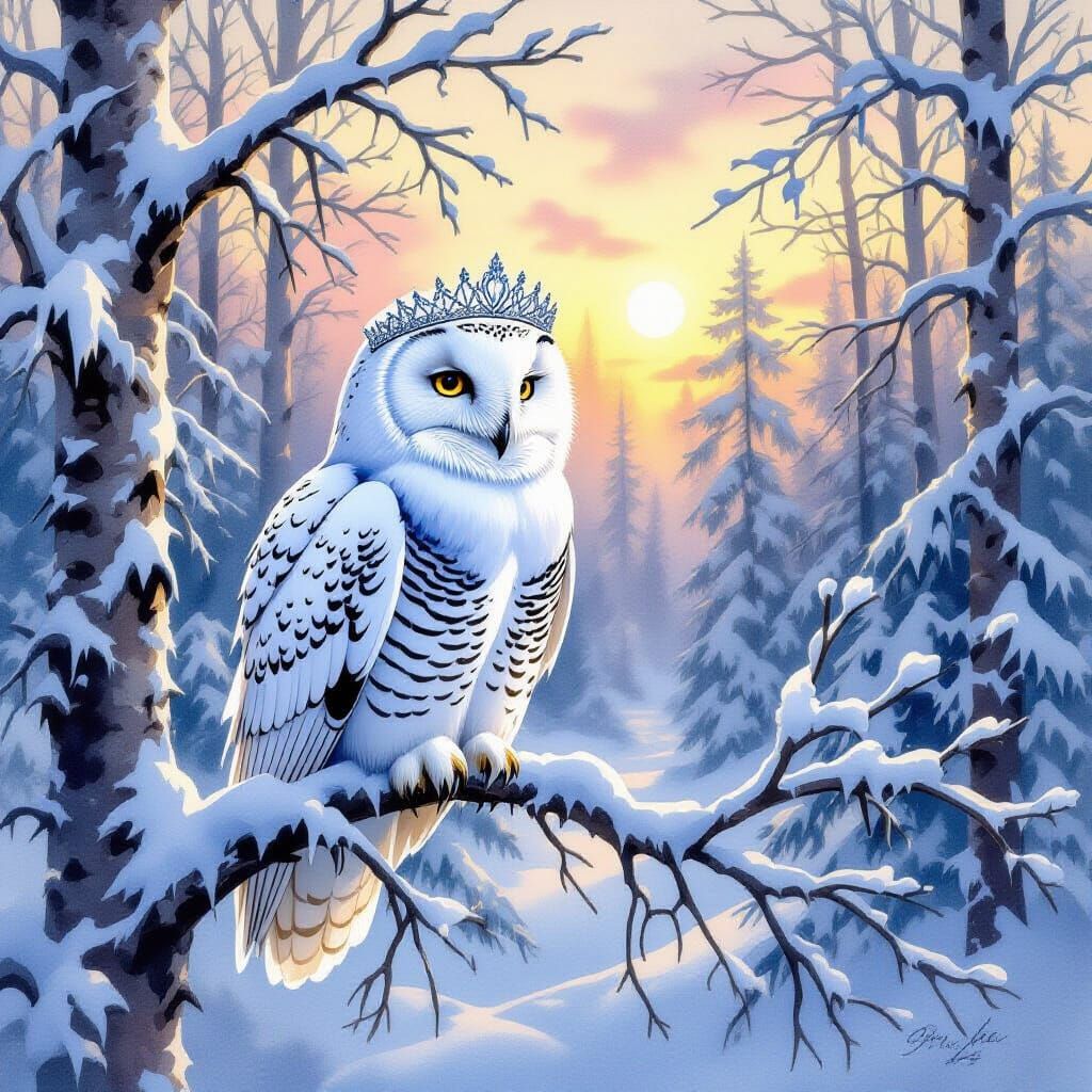 Snowy Owl with Crystal Tiara in Winter Forest Watercolor