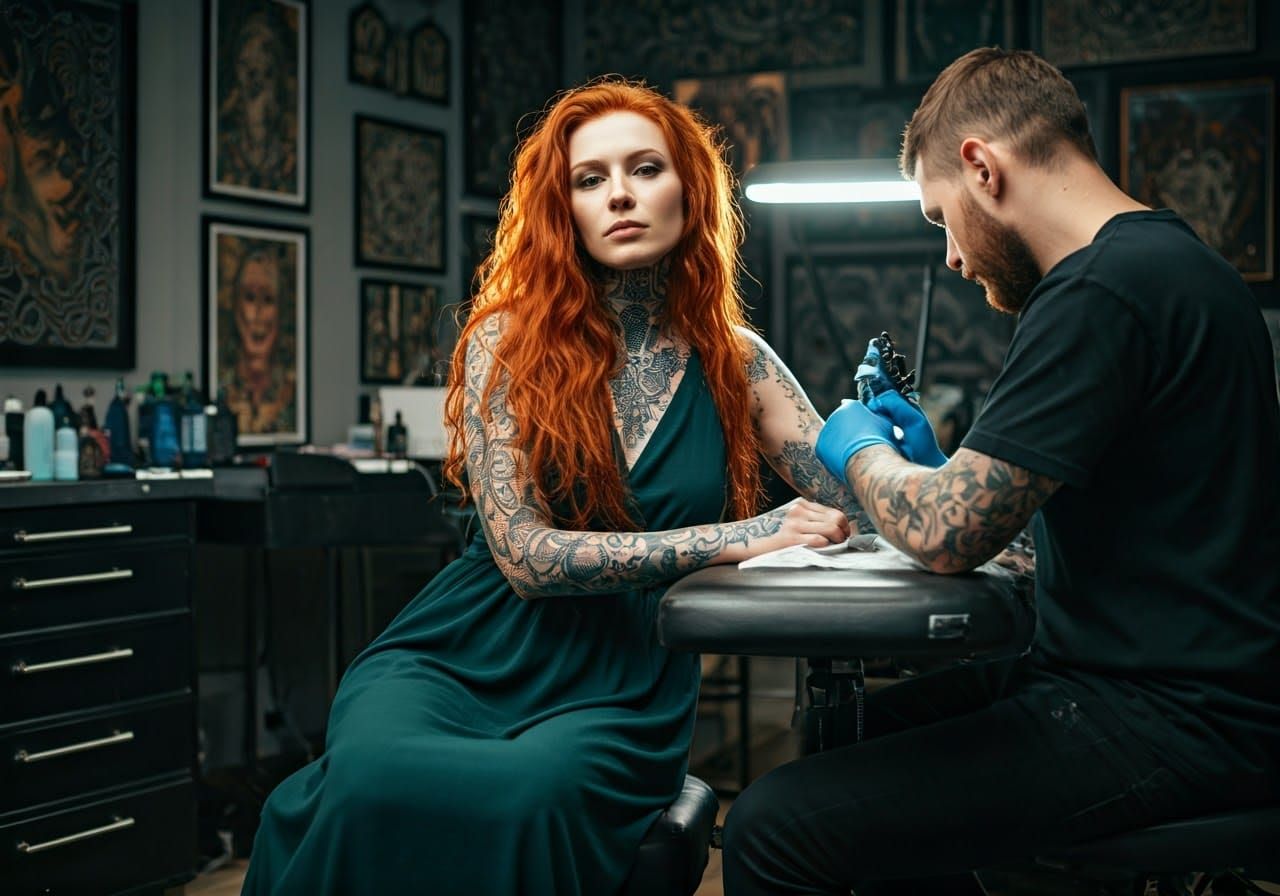 Celtic Warrior Woman in Tattoo Parlor, Digital Art