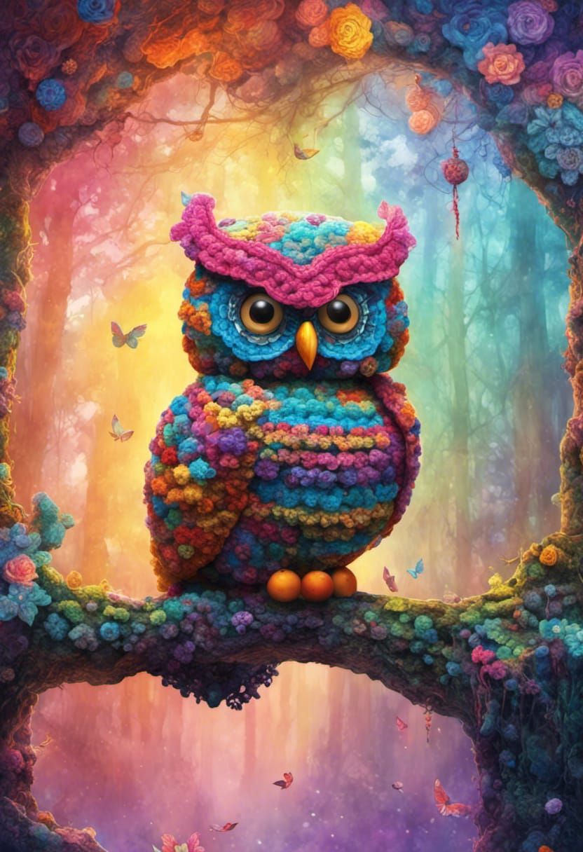 Colorful Crochet Owl in Crochet Forest