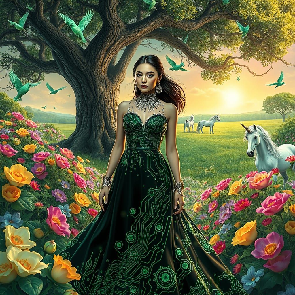 Surreal Solar Punk Utopia with Unicorns and Vibrant Nature