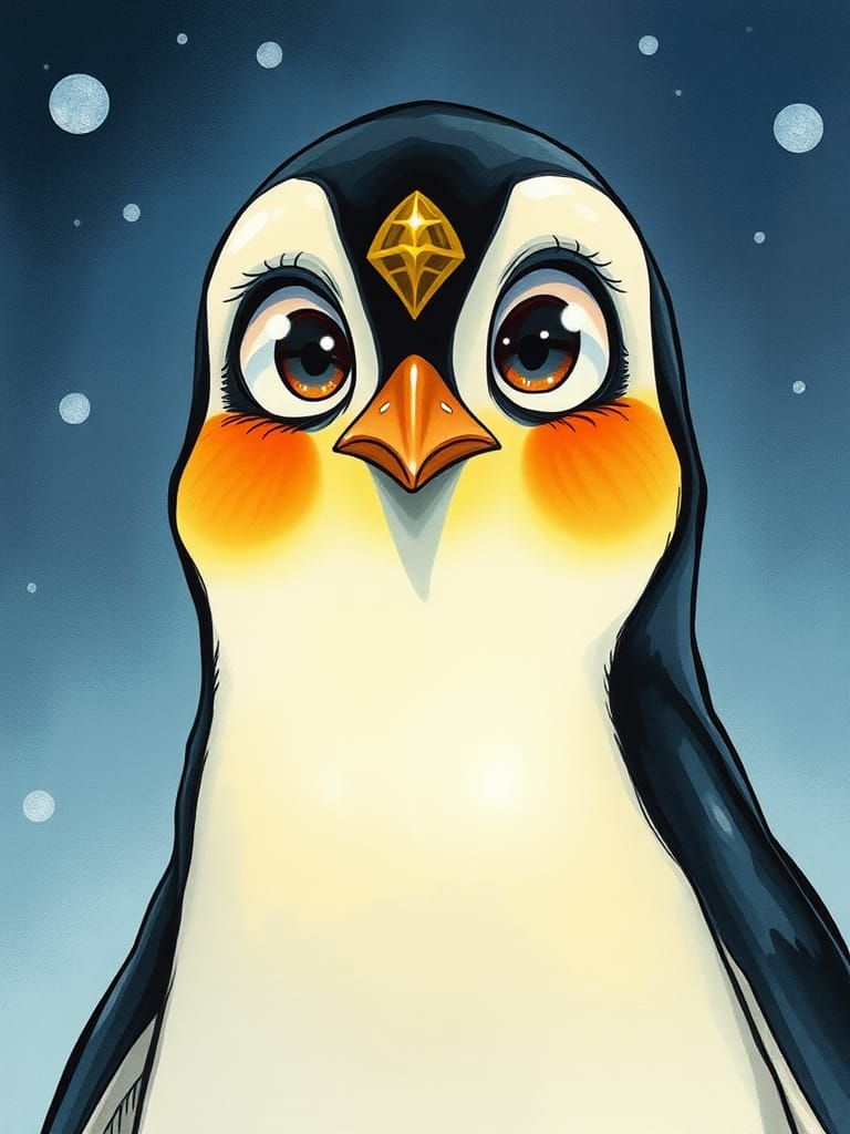Sad Penguin with Big Eyes in Manga Style