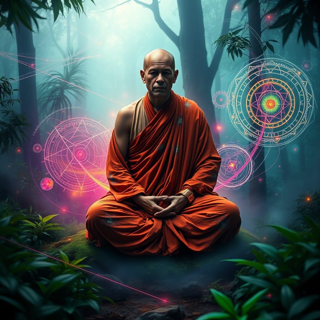 Cosmic Monk in Vibrant Forest with Geometric Patterns