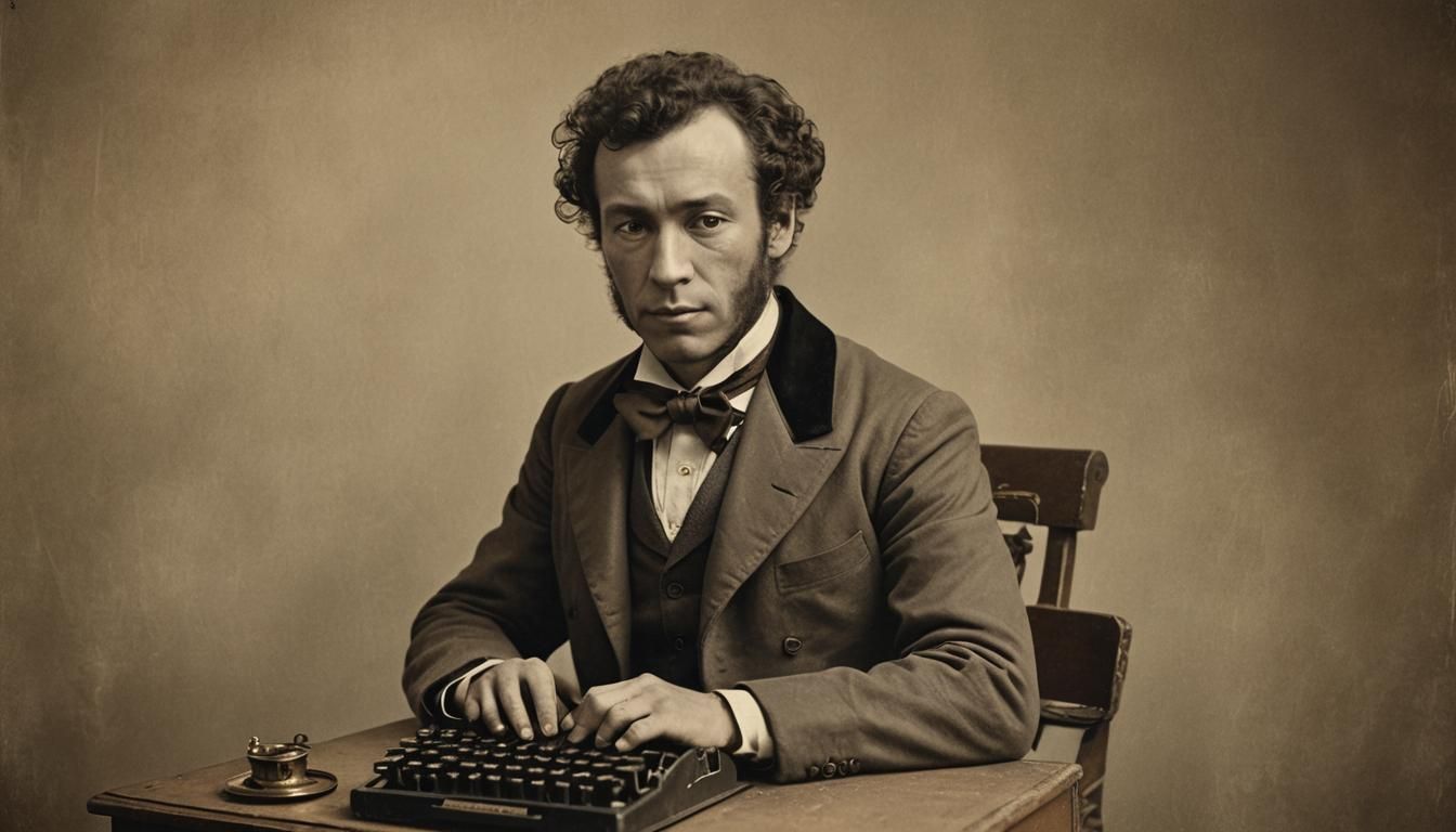 Pushkin Portrait with Typewriter in Vintage Style