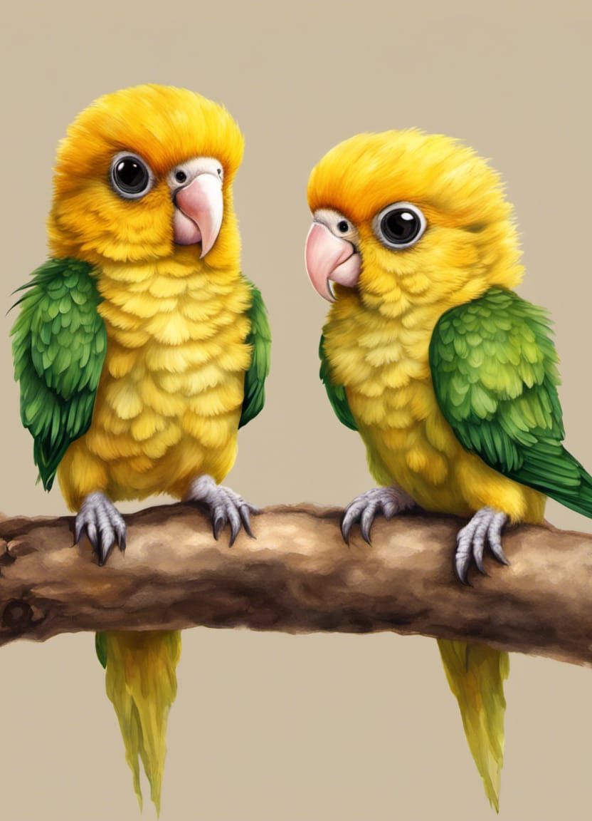 Adorable Chibi Conure Parrots on Apple Tree
