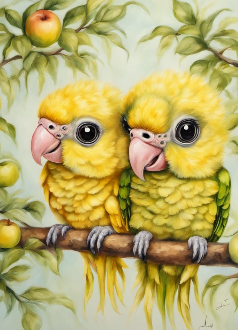 Cute Fluffy Yellow Conure Parrots on Apple Tree