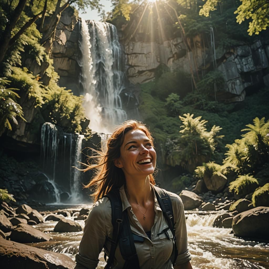 Fantasy Forest: Cinematic Waterfall Scene with Woman