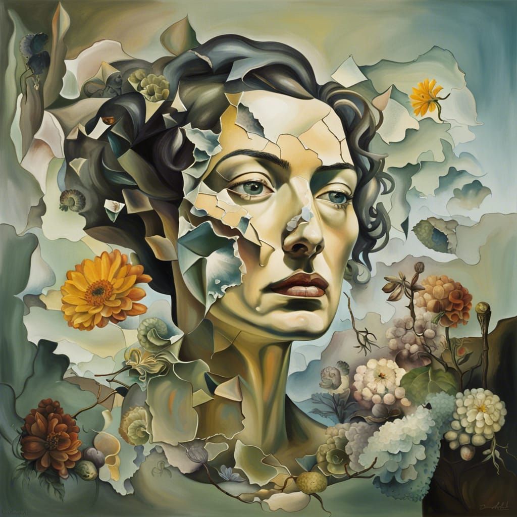 Surrealist Portrait of Woman with Cracked Face