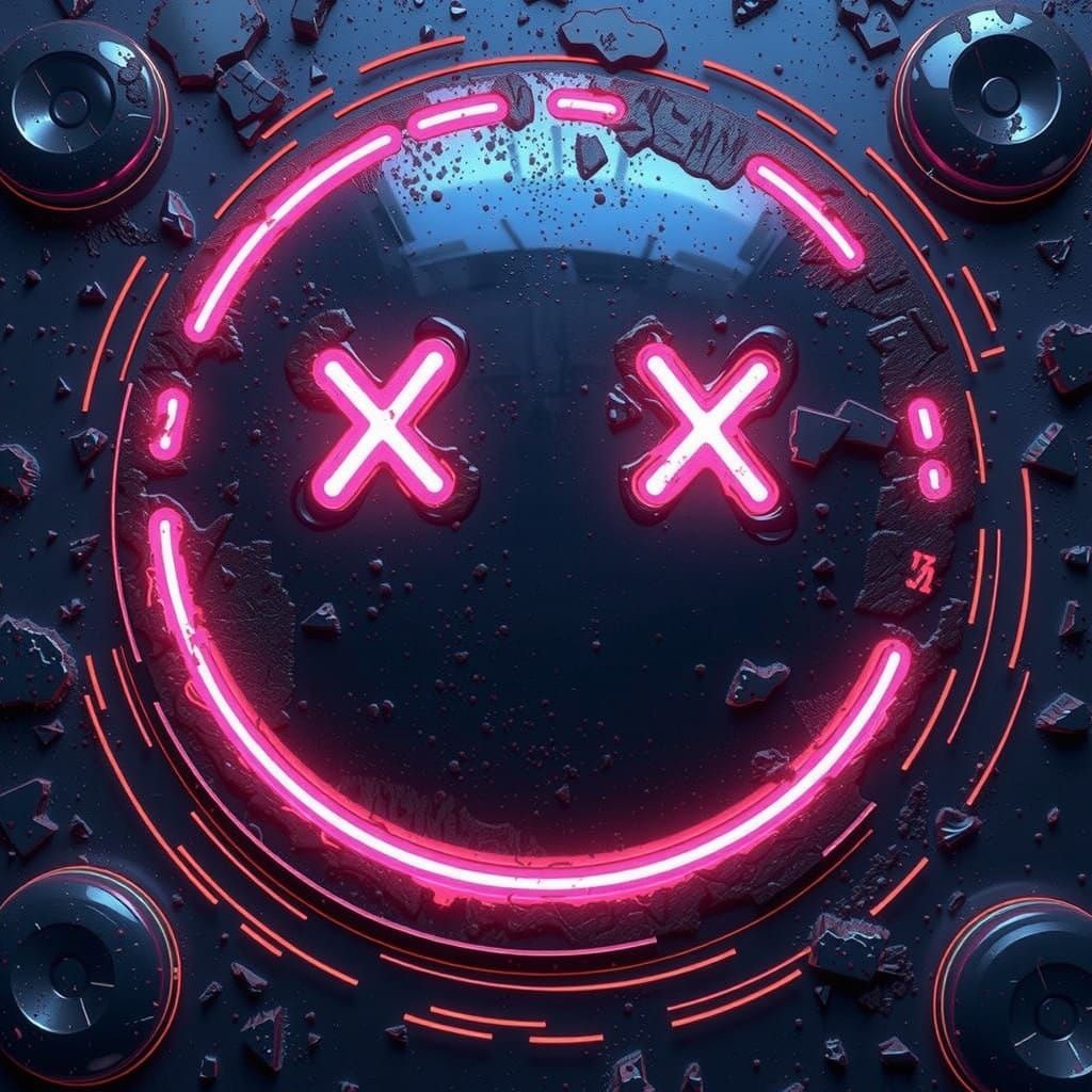 Quirky Vinyl Album Art with Smiling Face and X Eyes, 80s Pun...