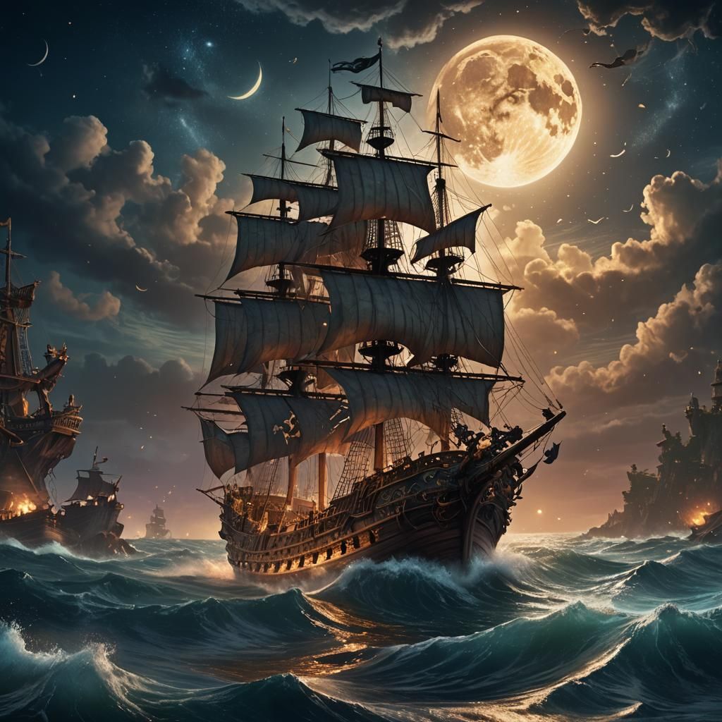 Pirate Ship at Sea Under Moonlight