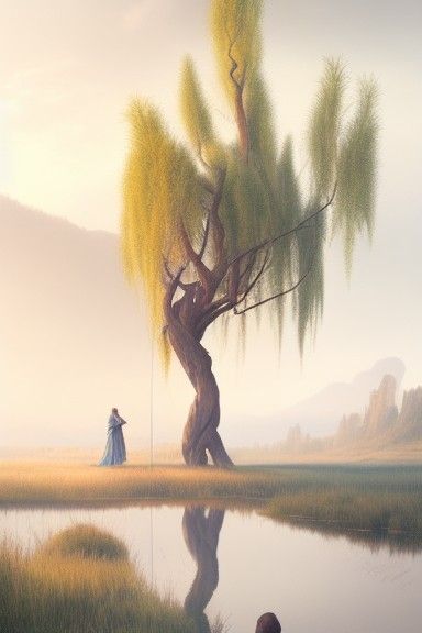 Willow Tree Oil Painting in Maximalist Style