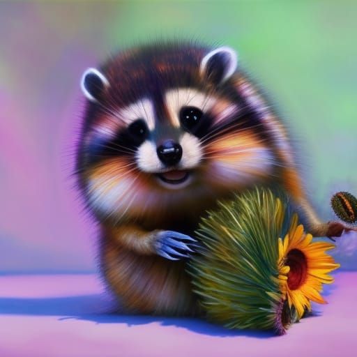Baby Raccoon with Flowers in Photorealistic Style