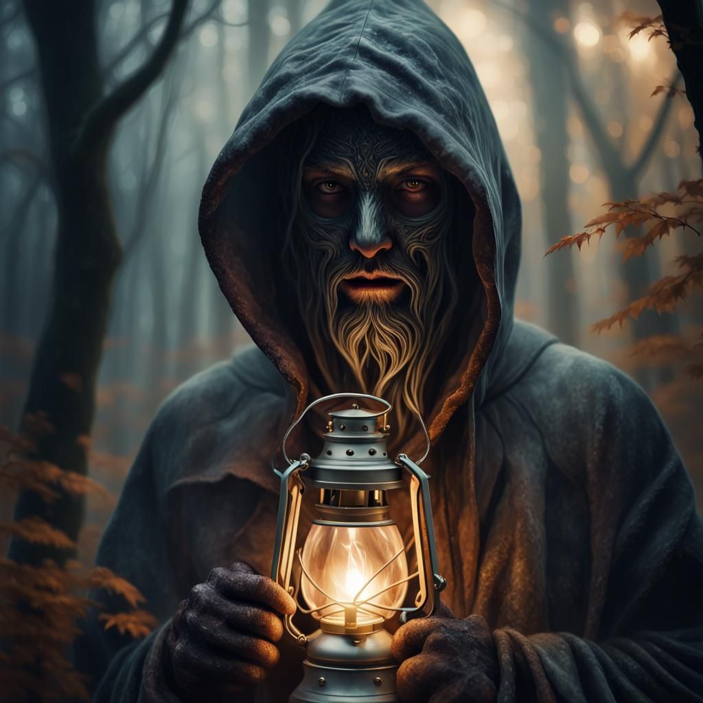 Mystical Hooded Figure with Lantern in Dark Forest