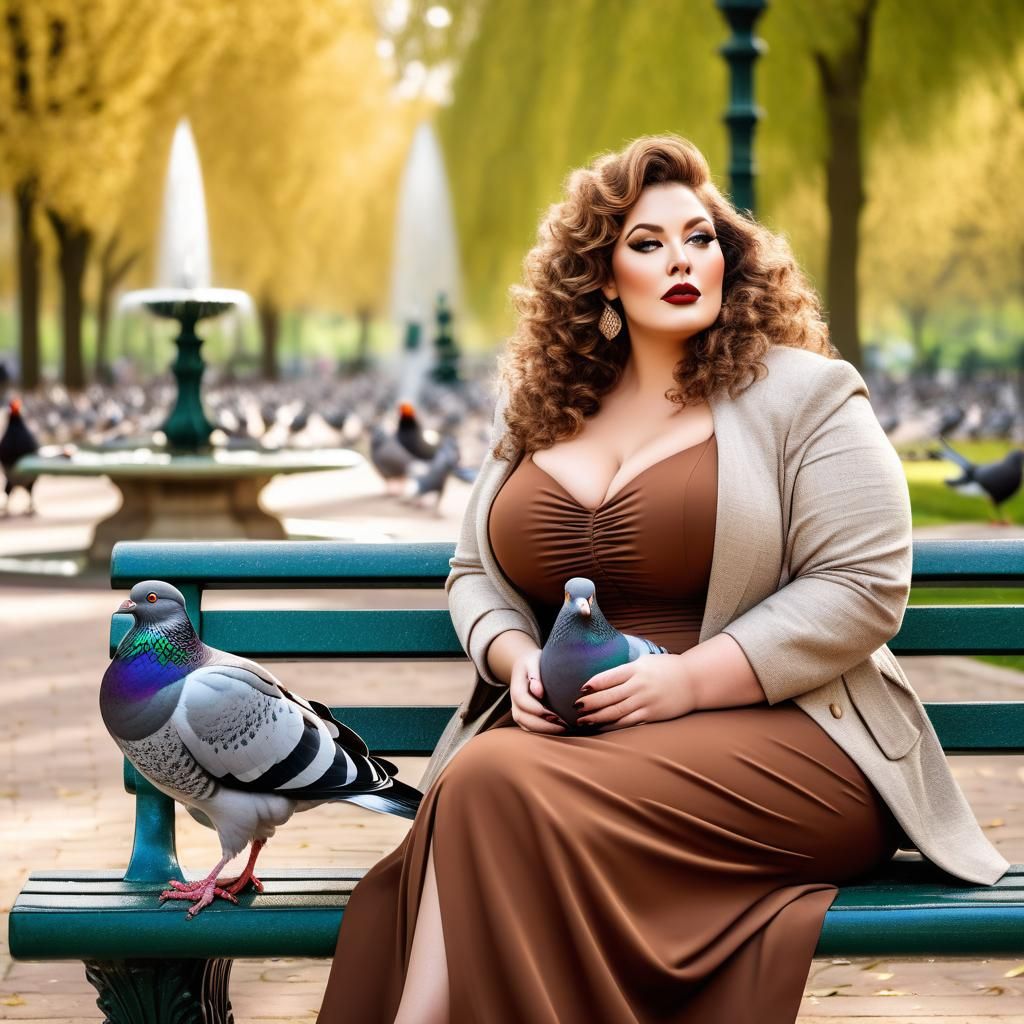 Woman Feeds Pigeons in Elaborate Park Setting