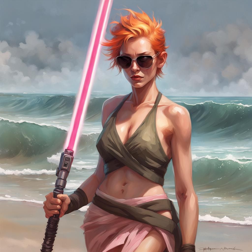 Female Jedi Portrait on Beach in Hyperdetailed Digital Art