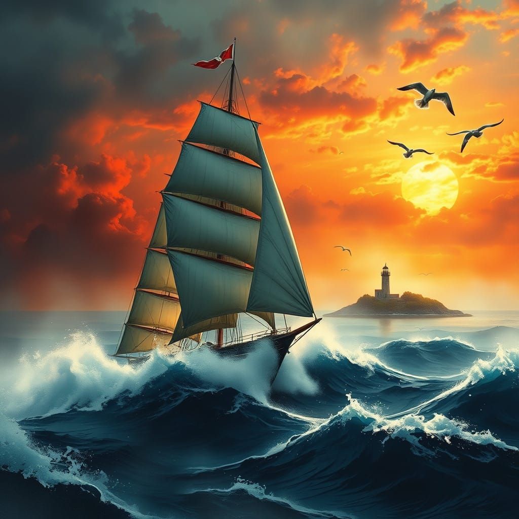 Gothic Sailboat Amidst Majestic Waves in Sunset Atmosphere