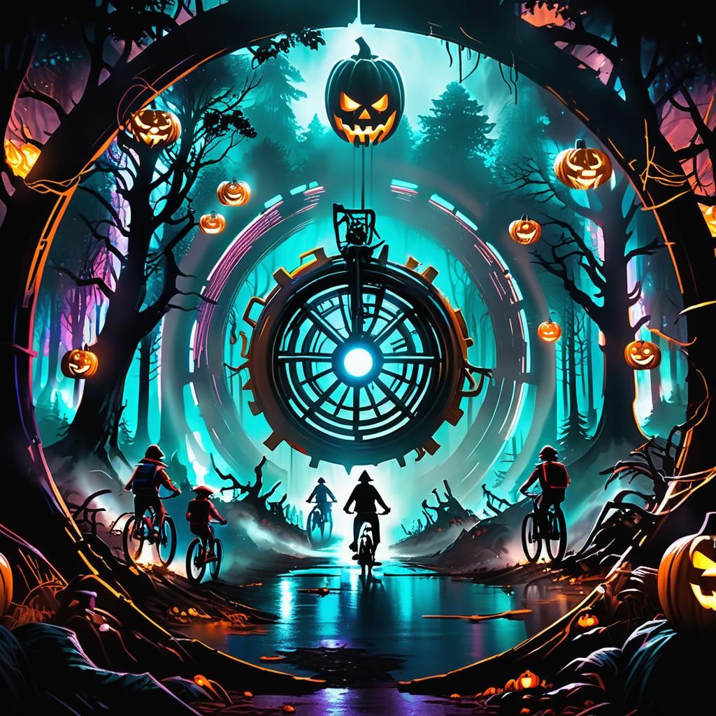 Halloween Fantasy: Kids on Bikes in Mystical Forest