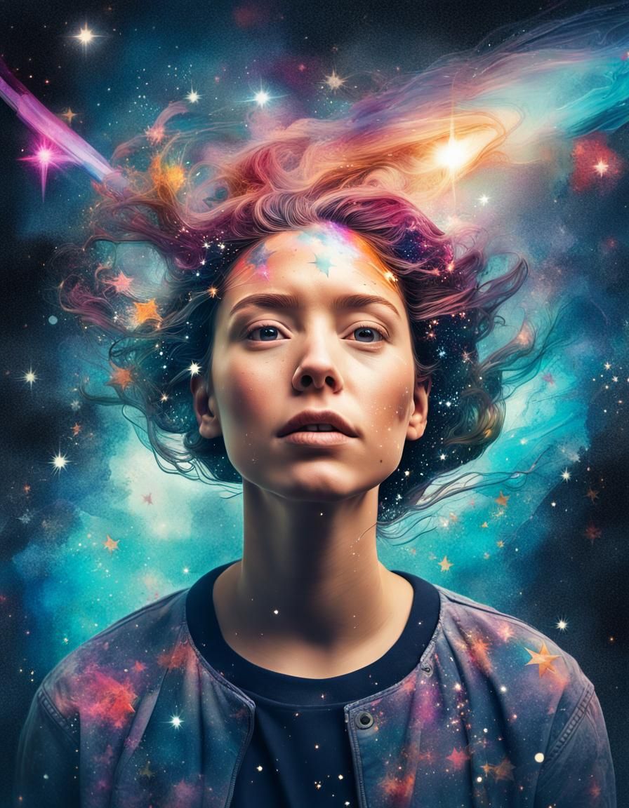 Animated Character Escapes into Galaxy, Double Exposure