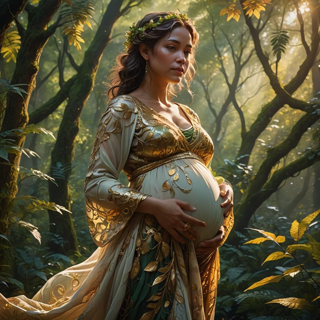 Pregnant Woman in Lush Forest: Fantasy Concept Art