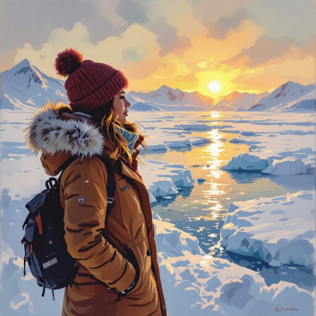 Woman in Antarctica with Sunlit Ice, Monet & Stalenhag Style