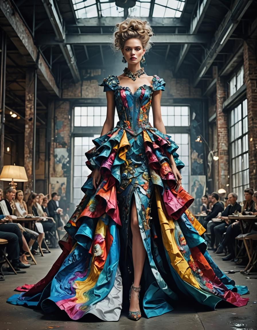An extravagant, baroque, colorful and futuristic evening dress