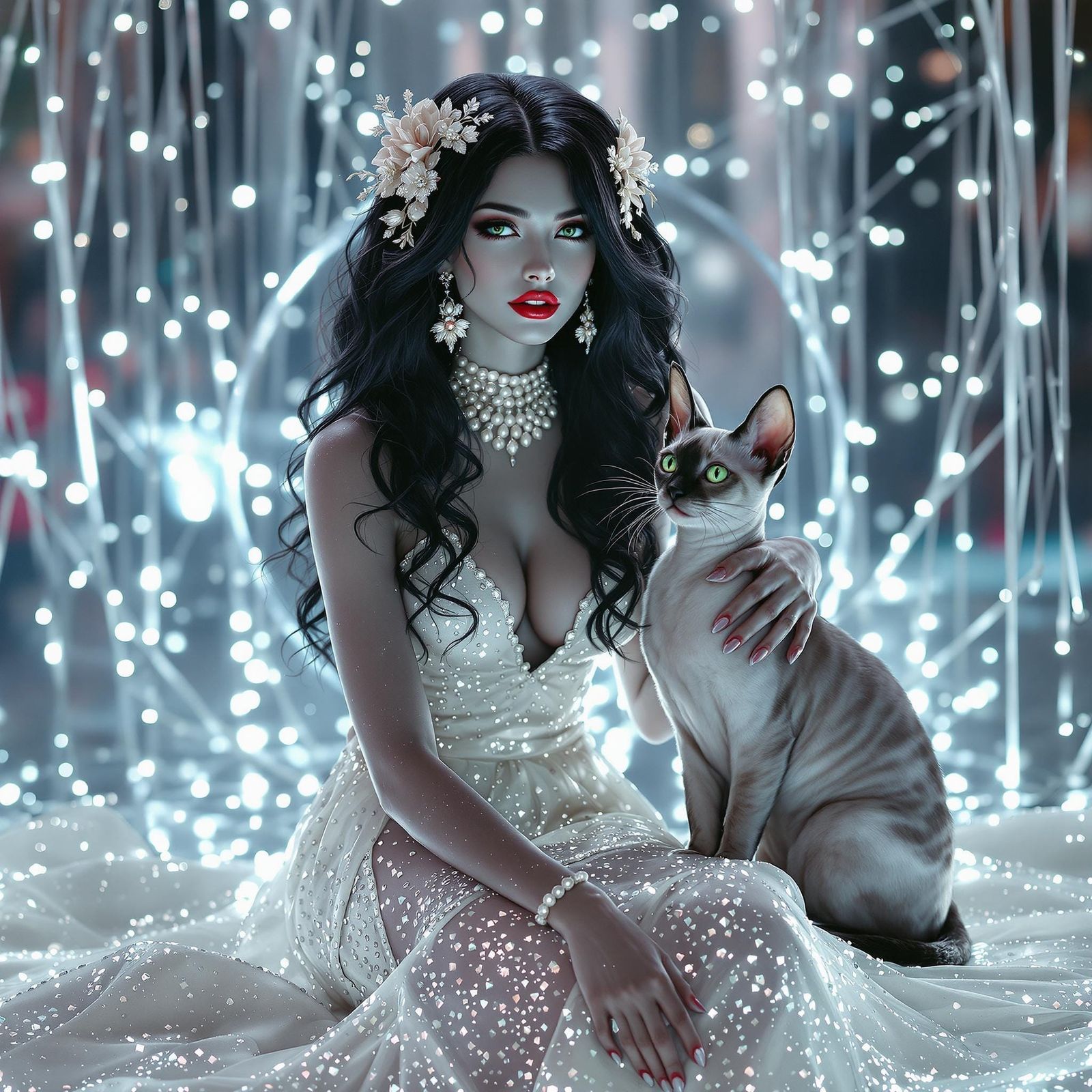 Elegant Woman with Cat in Airbrushed Rhinestone Style