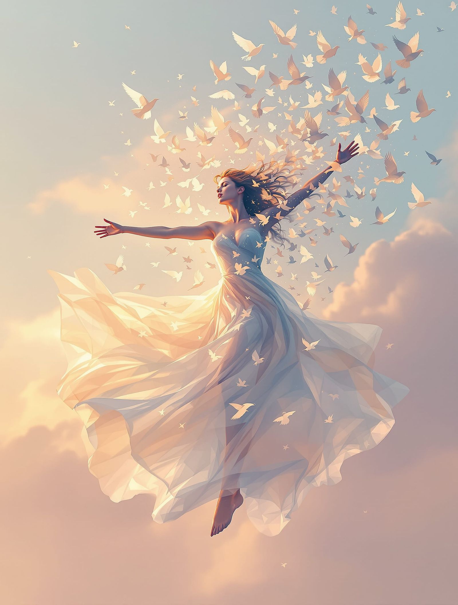Whimsical Digital Painting Of Woman Transforming Into Birds