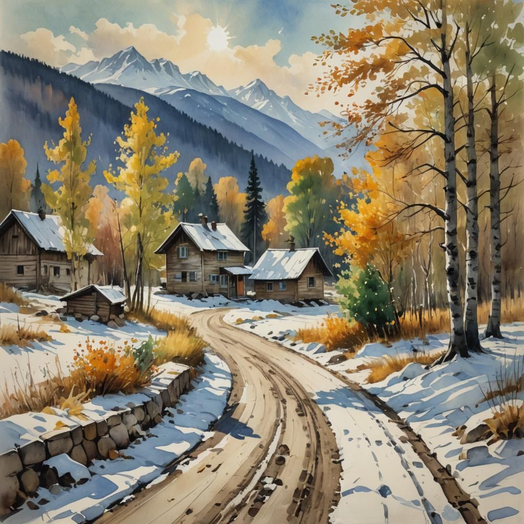 Autumn Street Scene in Watercolor Style