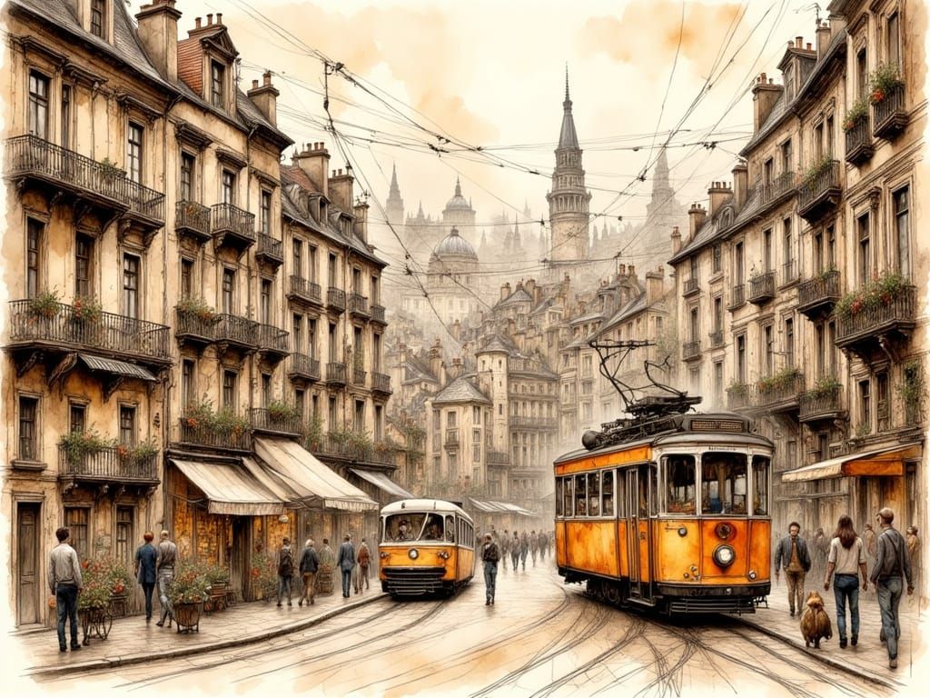 Sepia City Street Scene with Vintage Tram