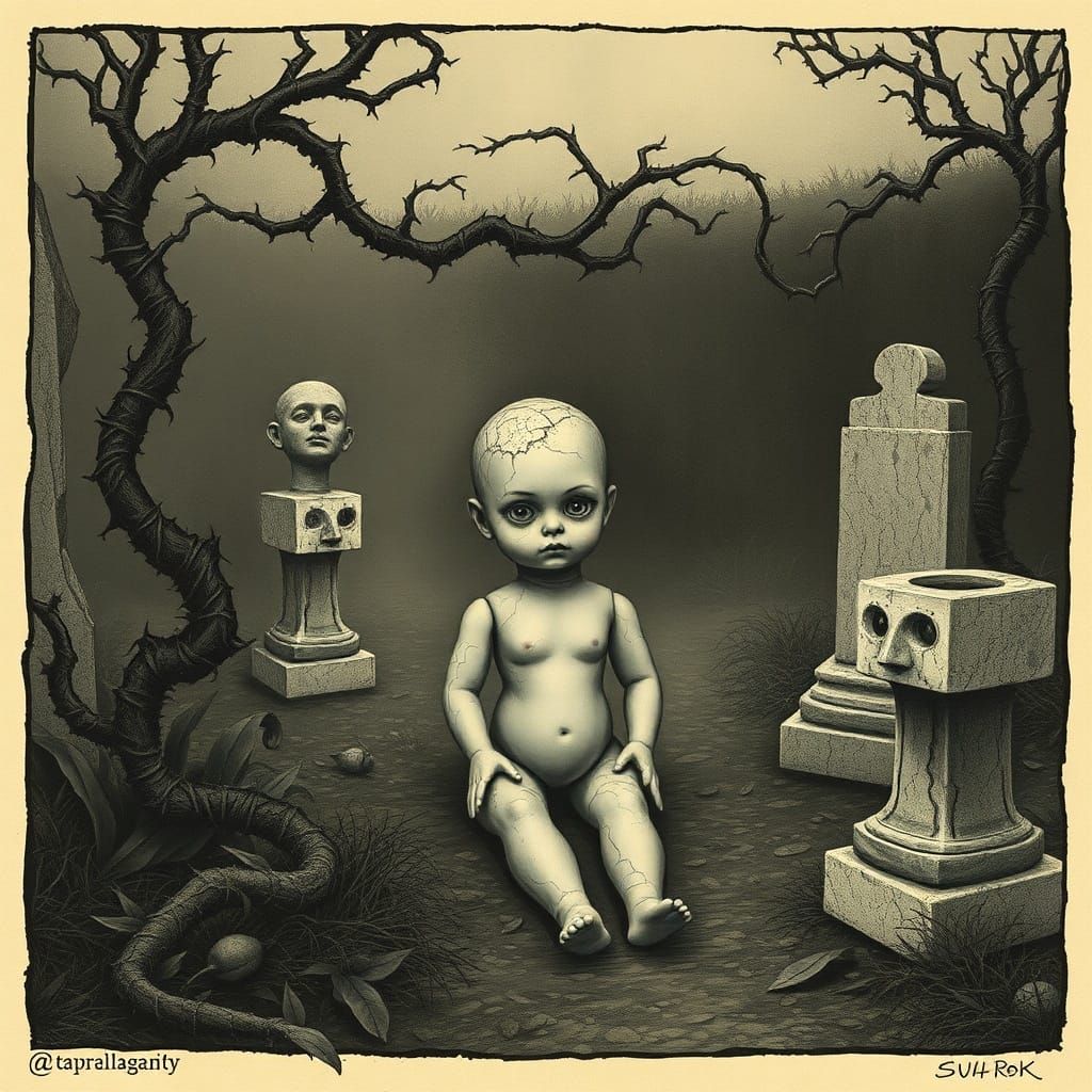 Eerie Porcelain Doll in Overgrown Garden