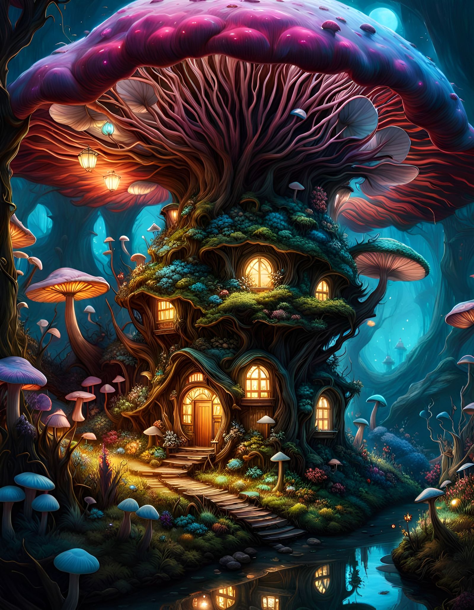 Mushroom Fairy Village in Bioluminescent Flower