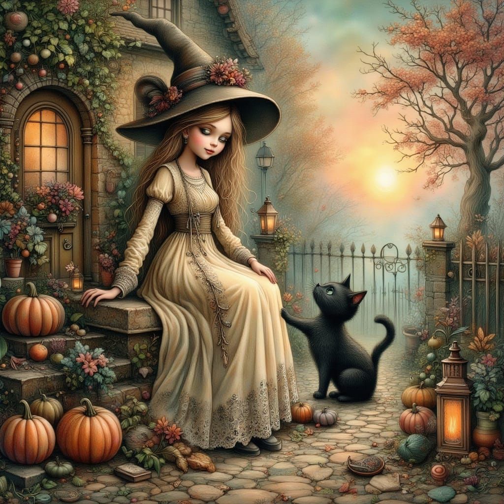 Enchanting Witch and Cat in Autumn Sunset